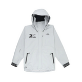 A light gray waterproof jacket with a hood, black xpress boats logo on the chest, and black details on the sleeves and pockets.