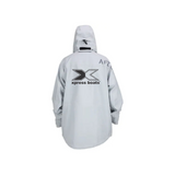 Back view of a light gray hooded jacket featuring the xpress boats logo in black.