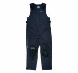 Black waterproof bib overalls with knee padding and the xpress boats logo in black, red, and white on the right knee.