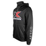 Side of a black hoodie with a neck gaiter, featuring an xpress boats logo on the front and 'AFTCO' on the sleeve.