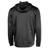 Back view of a black hooded sweatshirt.