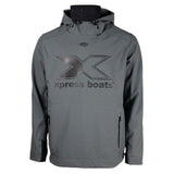 Gray hooded jacket with a black neck gaiter, featuring the Xpress Boats logo in black across the chest.