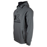 Side of a gray hooded jacket with a black xpress boats logo on the chest and black details.