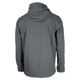 Back view of a gray hooded pullover jacket.