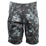 Camouflage cargo shorts in shades of black and gray, featuring side pockets.