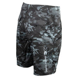 Black camo cargo shorts viewed from the back, with multiple pockets and a white xpress boats logo down the side of the leg.