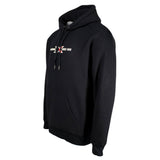 Side of a black hoodie with an xpress boats logo across the chest in white, black, and red.