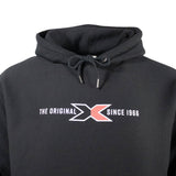 Close up of the chest of a black hoodie with a logo that reads 'THE ORIGINAL X SINCE 1966' in white and red.