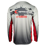 Back view of a long-sleeve fishing jersey featuring logos for Xpress Boats and Yamaha across the shoulder blades.