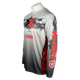Side of a gray and red long-sleeve fishing jersey featuring Yamaha and xpress boats branding on the chest and sleeve, and a splash design on the chest.