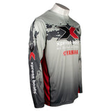 Long-sleeve grey and red fishing jersey with the Xpress Boats logo on the chest and sleeve.