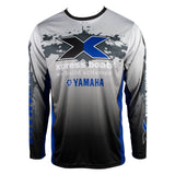 Long-sleeve shirt featuring a light gray and black design with blue accents, including the xprss boats and yamaha logos on the chest.