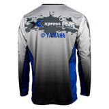 Rear view of a long-sleeve fishing jersey featuring a black gradient design at the bottom with logos from Xpress Boats and Yamaha across the back.