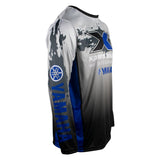 Side of a men's light grey long-sleeve shirt featuring a black gradient design at the bottom and the Yamaha logo on the sleeve in blue.