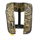 Camouflage inflatable life jacket with the mustang logo and xpress boats logo on the left side.