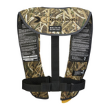 Backside of a camo-patterned life jacket with safety labels and the xpress boats logo below the neck.