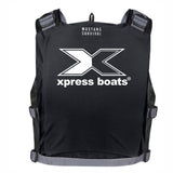 Black life vest with 'Xpress Boats' logo across the back in white.