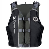 Black and gray life jacket with adjustable straps and buckles, featuring the xpress boats logo in white on the right side.