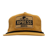 Yellow cap with a black and yellow 'XPRESS BOATS' logo patch on the front containing the establishment date.
