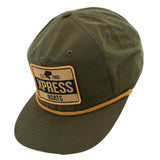 Side of an olive green cap with a yellow rope across the bill and a yellow patch containing the Xpress Boats logo in black on the front.