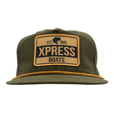 Olive green cap with a yellow rope and  yellow patch reading 'XPRESS BOATS' and established date 1966.