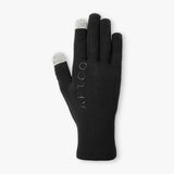 Black knitted glove with grey touchscreen fingertips with a rubber aftco logo on the back of the hand. 
