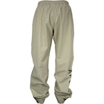 Back of beige rain pants with an elastic waistband. 
