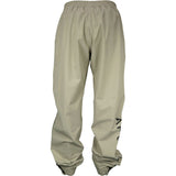 Back of beige rain pants with an elastic waistband. 