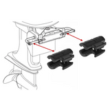 Diagram of a boat motor with two black clamps depicted clamping onto it.