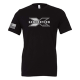 Black t-shirt with a grey 'Generation X' logo on the chest. 