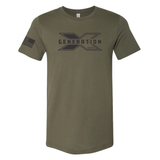 Olive green t-shirt with a black 'Generation X' logo on the chest. 