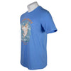Side of a light blue T-shirt featuring a graphic of a cowboy riding a fish. 