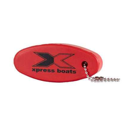 Red oval foam keychain with a black 'xpress boats' logo and ball chain.