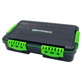Dark grey clear tackle box with green clips and a spro logo.