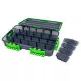 An open dark grey clear tackle box with green clips and multiple dividers.