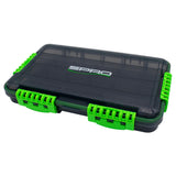 Dark grey clear tackle box with green clips and a spro logo.