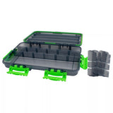 An open dark grey clear tackle box with green clips and multiple dividers.