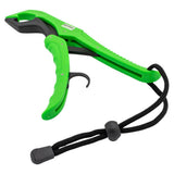 Green gripping tool with a hook and adjustable strap.