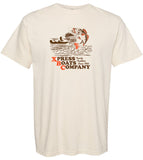 Beige t-shirt with a brown and orange graphic of a man on a boat catching a large fish, featuring the text 'Xpress Boats Company'