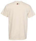 Back of a beige t-shirt with a small brown X logo below the collar. 