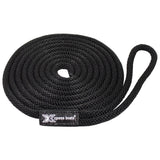 A coiled black synthetic rope with a small black brand tag reading 'Xpress boats' on a plain white background.