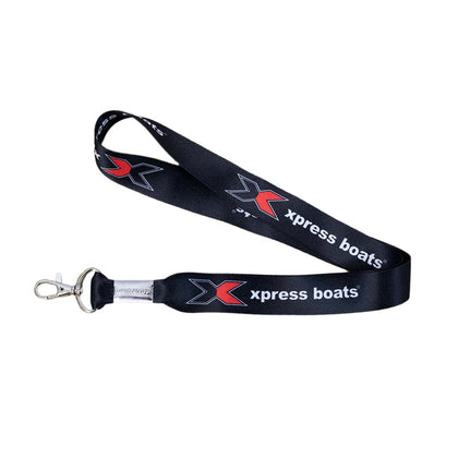 Black lanyard with the 'xpress boats' logo repeating pattern, with a metal clip on the end. 