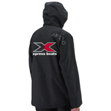 Back of a black jacket with a large Xpress Boats logo on the back.