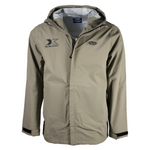 Beige rain jacket with a black xpress logo on the right chest and a black aftco logo on the left chest. 