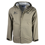 Beige rain jacket with a black xpress logo on the right chest and a black aftco logo on the left chest. 
