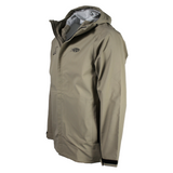 Side of a beige rain jacket with a black aftco logo on the left chest. 