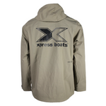 Back of a beige rain jacket with a black xpress logo on the shoulder blades. 