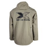 Back of a beige rain jacket with a black xpress logo on the shoulder blades. 