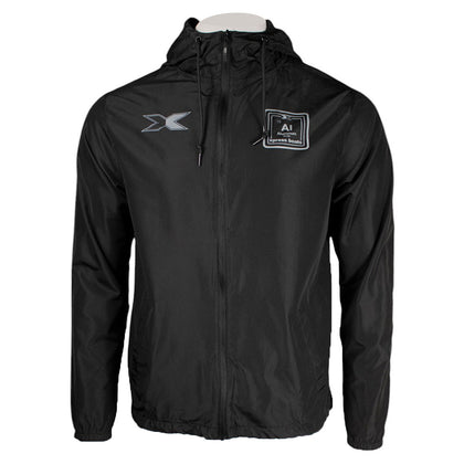 Black lightweight jacket with a hood and two grey xpress logos on the either side of the chest.