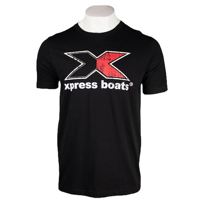 Black T-shirt featuring a distressed logo for Xpress Boats on the chest in red and white. 